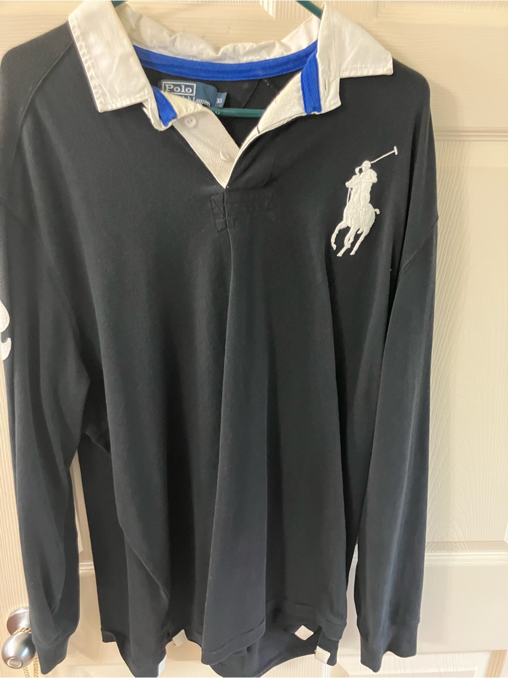Polo By Ralph Lauren Black Rugby Shirt With White Collar And Blue Trim. Big Pony